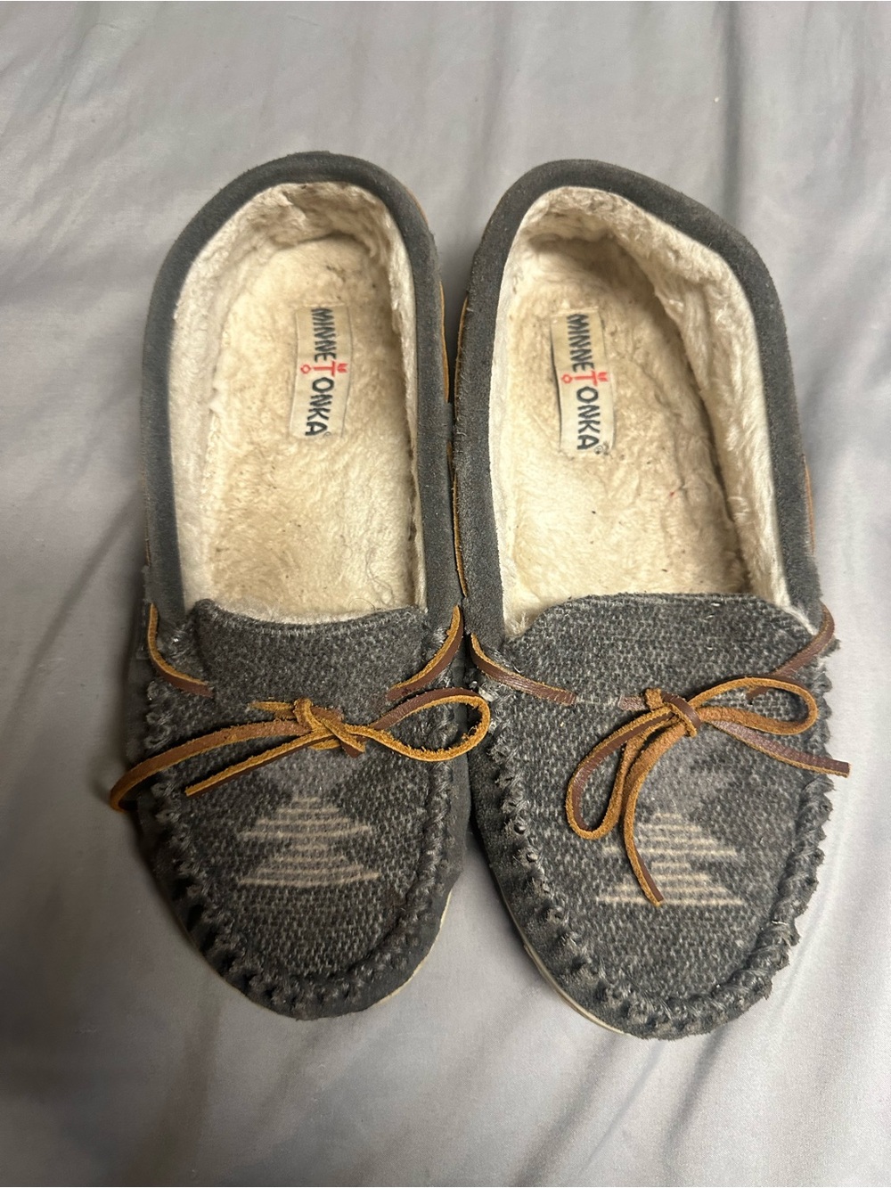 Minnetonka Gray Knit Moccasin Slippers with Brown Leather Tie